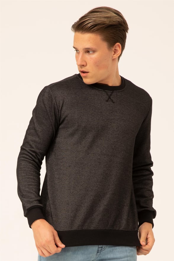 Siyah Regular Armürlü O Yaka  Sweatshirt