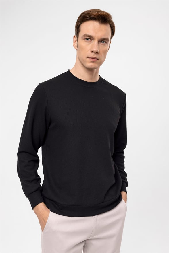 Siyah Regular Armürlü O Yaka  Sweatshirt