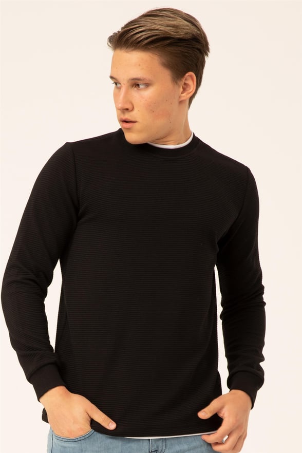Siyah Regular Armürlü O Yaka  Sweatshirt
