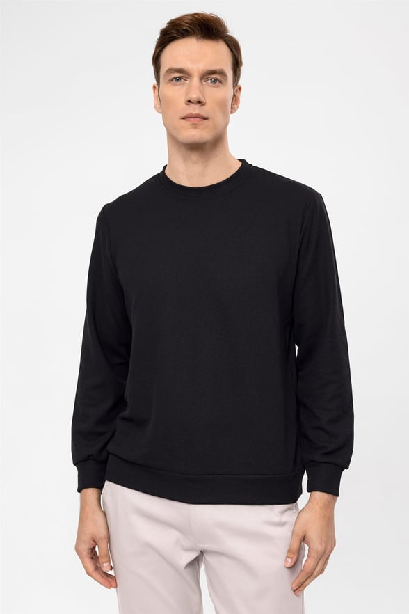 Siyah Regular Armürlü O Yaka  Sweatshirt