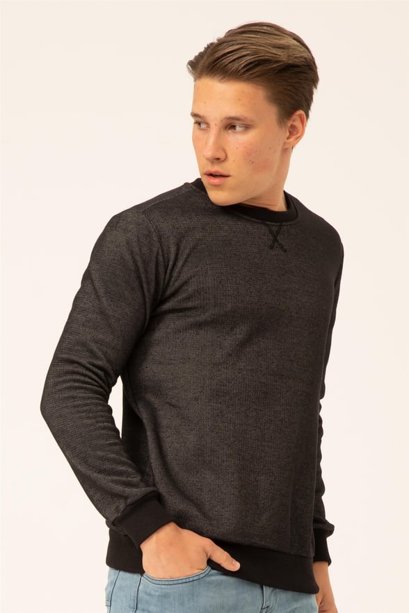 Siyah Regular Armürlü O Yaka  Sweatshirt