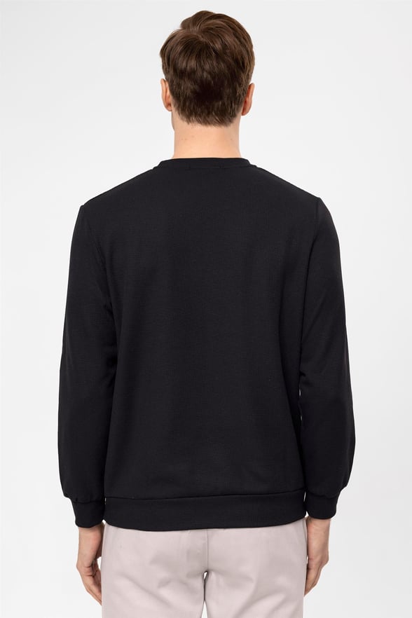 Siyah Regular Armürlü O Yaka  Sweatshirt