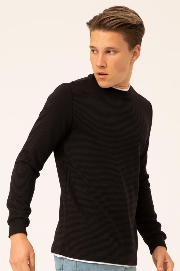 Siyah Regular Armürlü O Yaka  Sweatshirt
