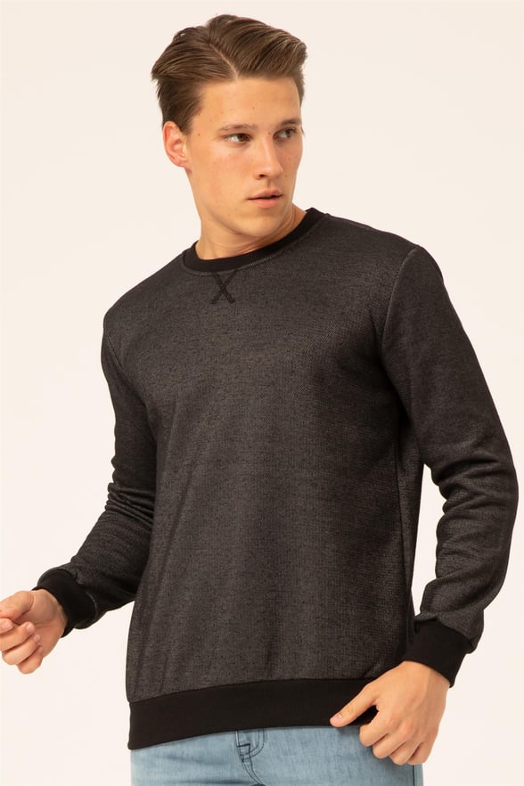 Siyah Regular Armürlü O Yaka  Sweatshirt