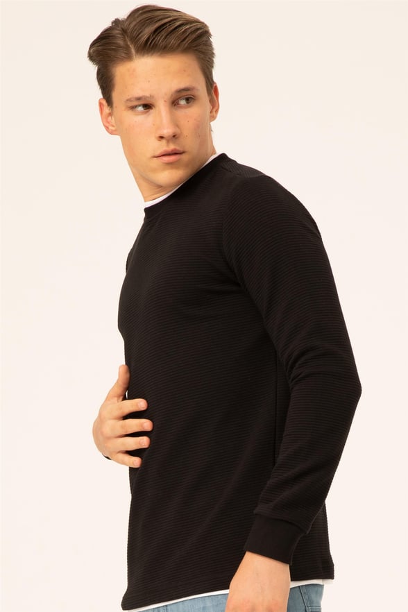 Siyah Regular Armürlü O Yaka  Sweatshirt