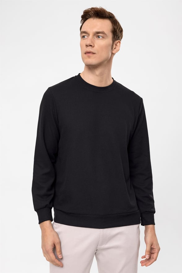 Siyah Regular Armürlü O Yaka  Sweatshirt
