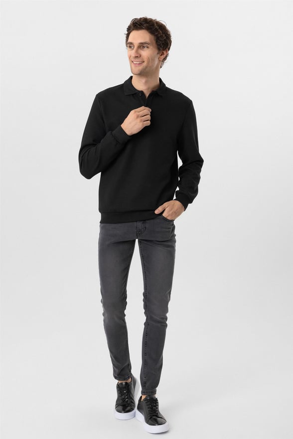Siyah Regular Armürlü Polo Yaka Sweatshirt