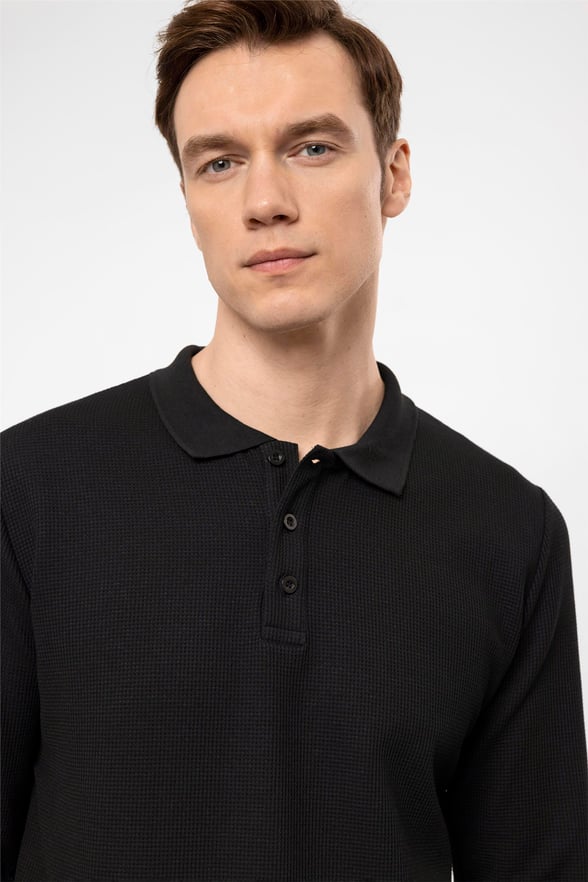 Siyah Regular Armürlü Polo Yaka  Sweatshirt