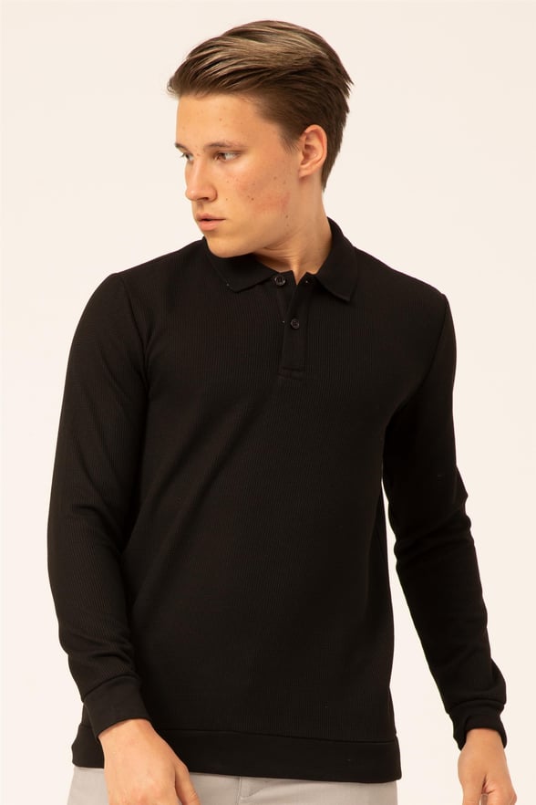 Siyah Regular Armürlü Polo Yaka  Sweatshirt