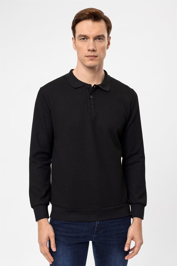Siyah Regular Armürlü Polo Yaka  Sweatshirt