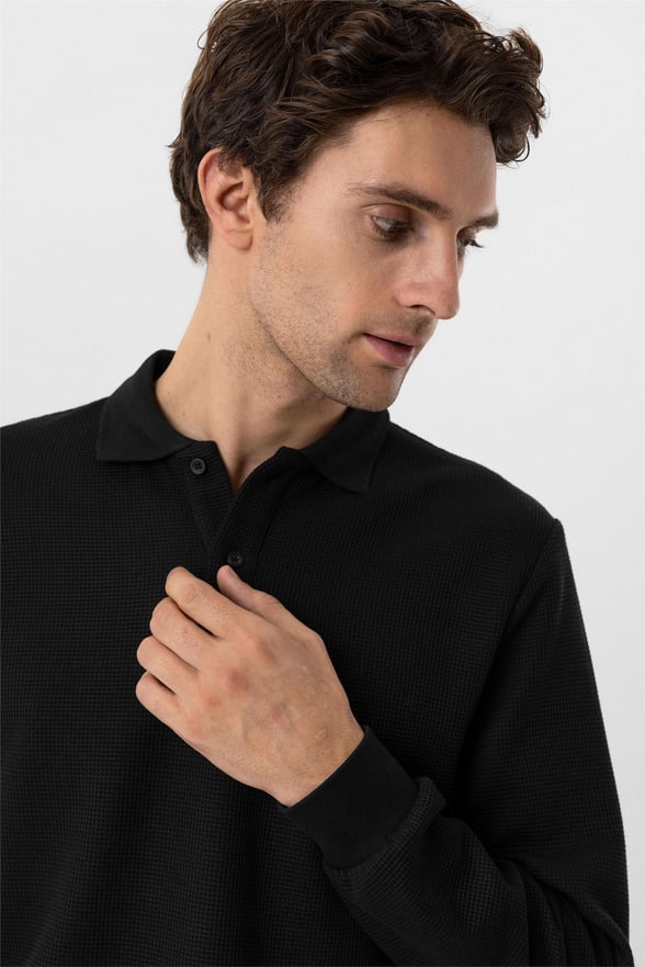 Siyah Regular Armürlü Polo Yaka Sweatshirt