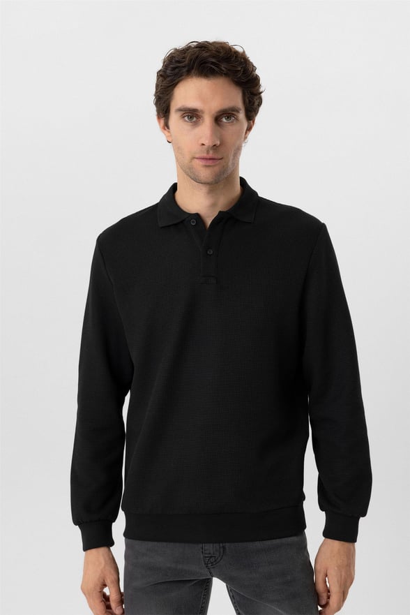 Siyah Regular Armürlü Polo Yaka Sweatshirt