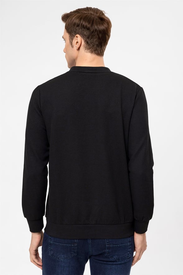 Siyah Regular Armürlü Polo Yaka  Sweatshirt
