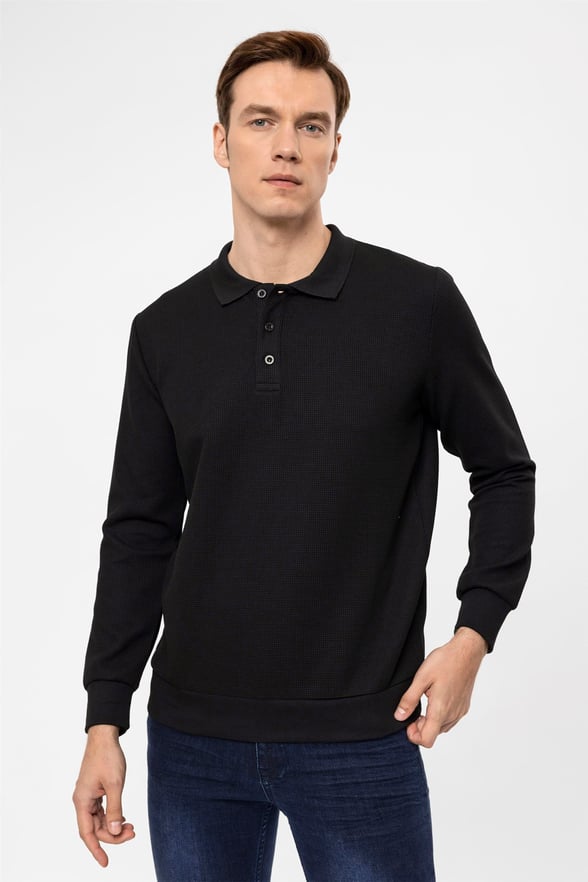 Siyah Regular Armürlü Polo Yaka  Sweatshirt