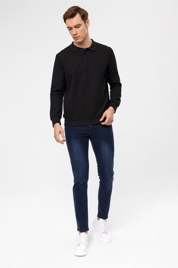 Siyah Regular Armürlü Polo Yaka  Sweatshirt