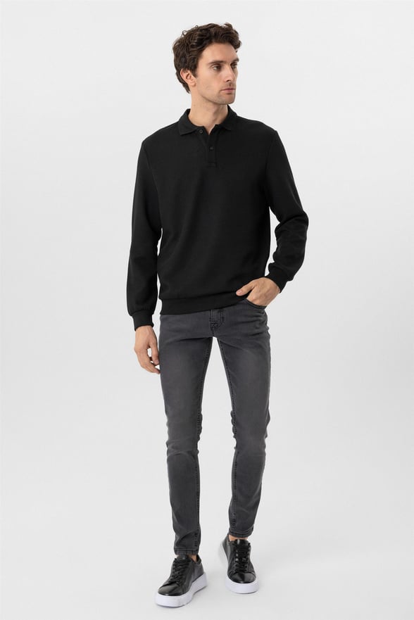 Siyah Regular Armürlü Polo Yaka Sweatshirt