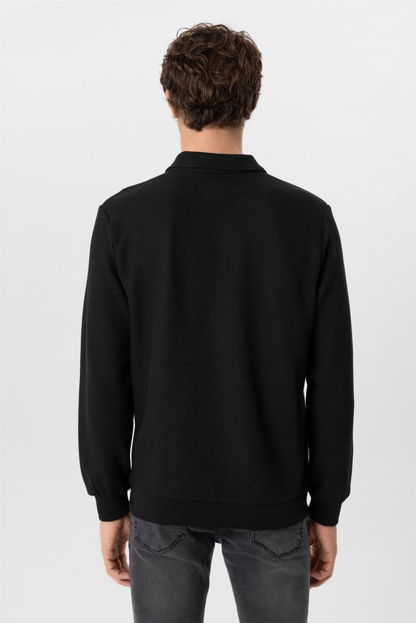 Siyah Regular Armürlü Polo Yaka Sweatshirt