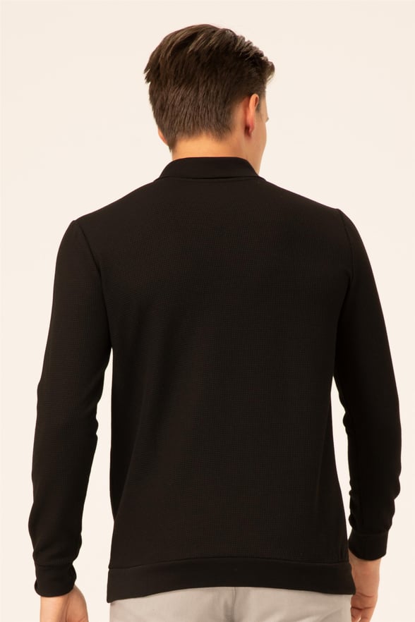 Siyah Regular Armürlü Polo Yaka  Sweatshirt