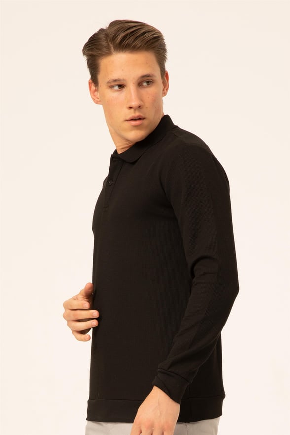 Siyah Regular Armürlü Polo Yaka  Sweatshirt