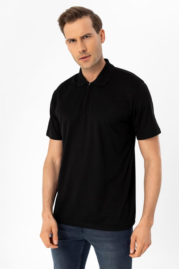 Siyah Regular Armürlü Polo Yaka  Tişört