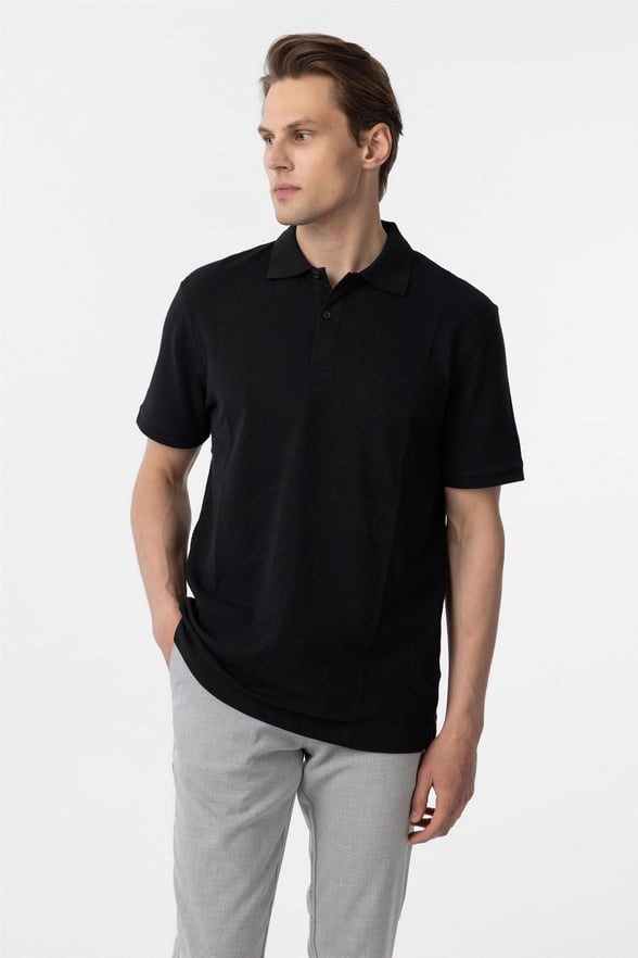 Siyah Regular Armürlü Polo Yaka Tişört