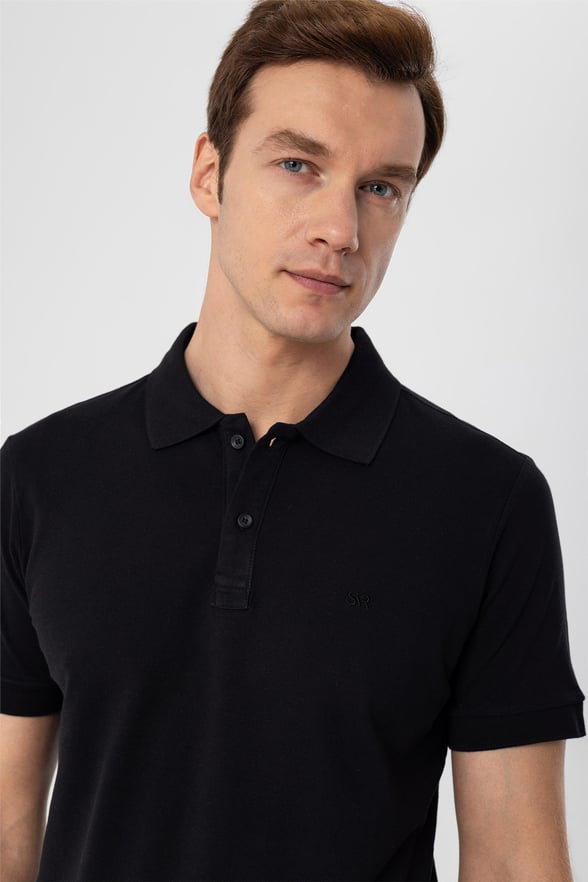 Siyah Regular Armürlü Polo Yaka  Tişört