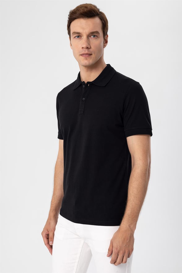 Siyah Regular Armürlü Polo Yaka  Tişört