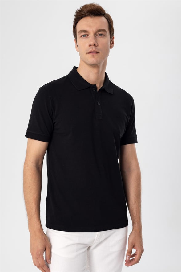 Siyah Regular Armürlü Polo Yaka  Tişört