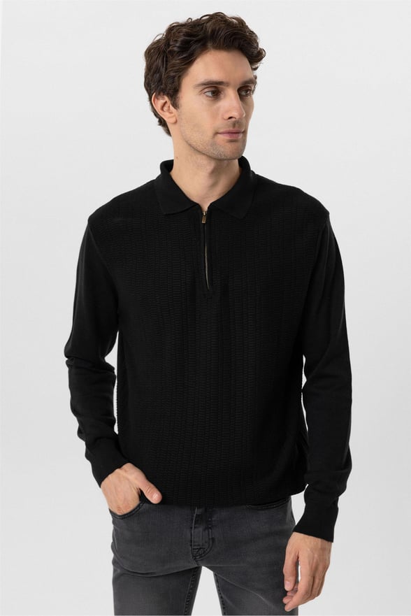 Siyah Regular Armürlü Polo Yaka Triko