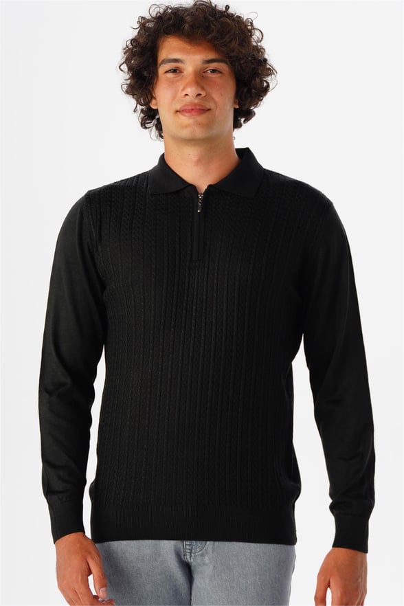 Siyah Regular Armürlü Polo Yaka Triko