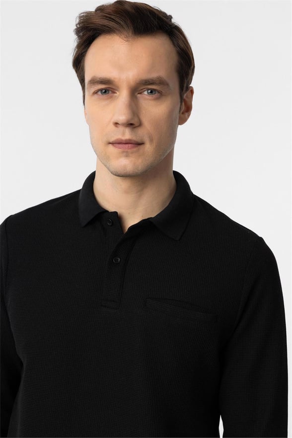 Siyah Regular Armürlü Polo Yaka Triko