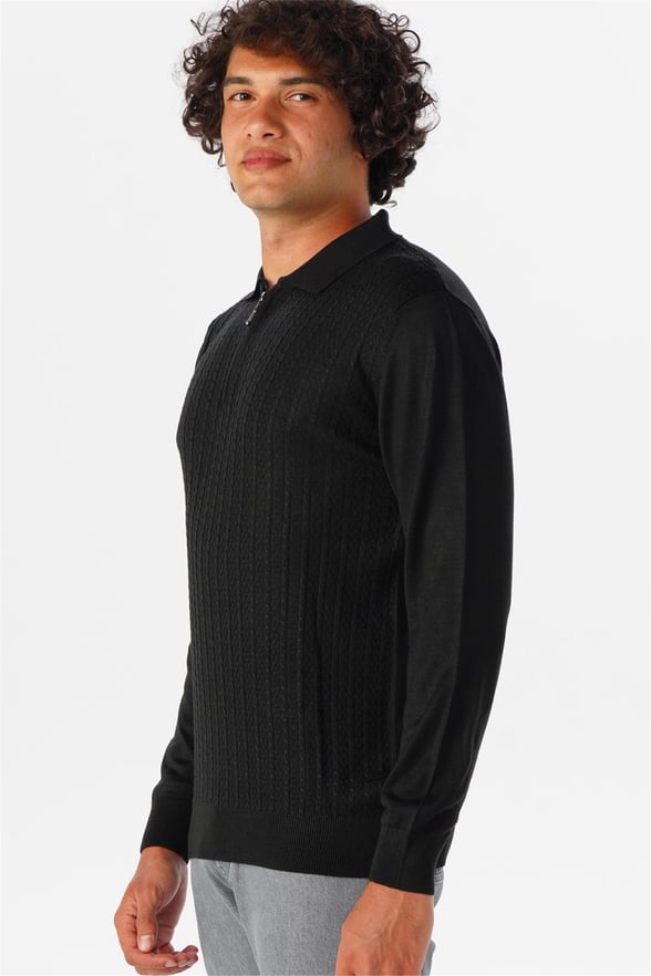 Siyah Regular Armürlü Polo Yaka Triko