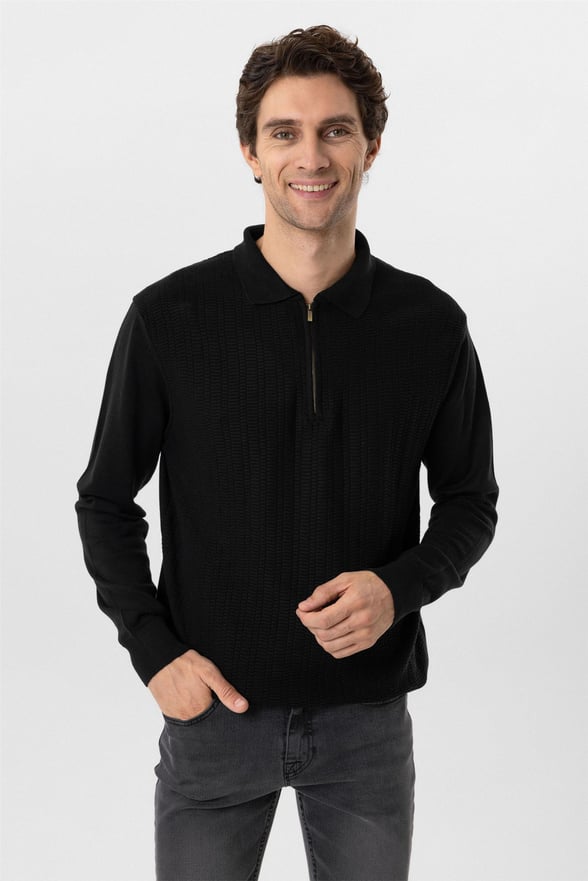 Siyah Regular Armürlü Polo Yaka Triko
