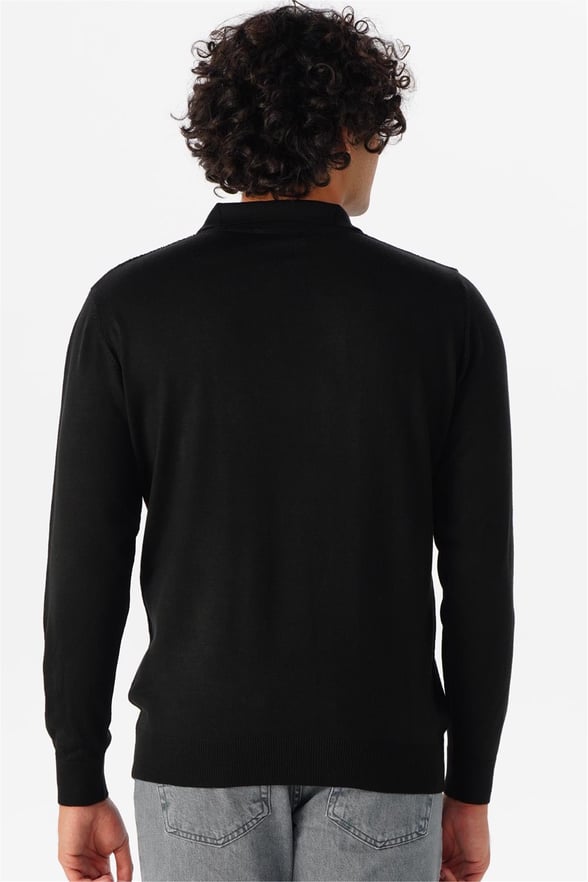 Siyah Regular Armürlü Polo Yaka Triko