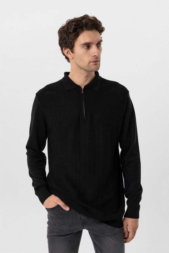 Siyah Regular Armürlü Polo Yaka Triko