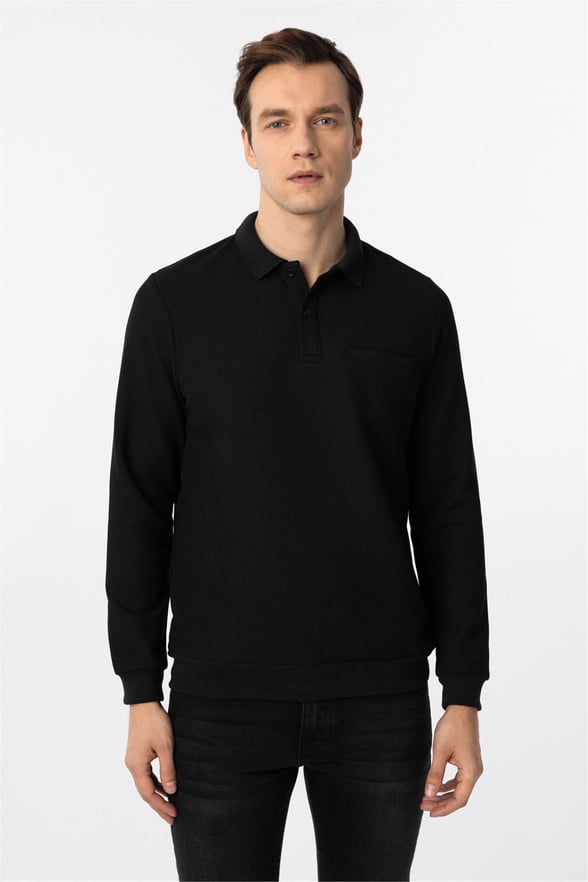 Siyah Regular Armürlü Polo Yaka Triko