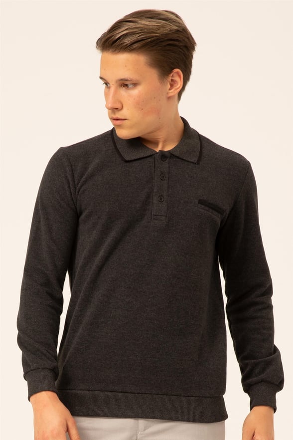 Siyah Regular Armürlü Polo Yaka  Triko