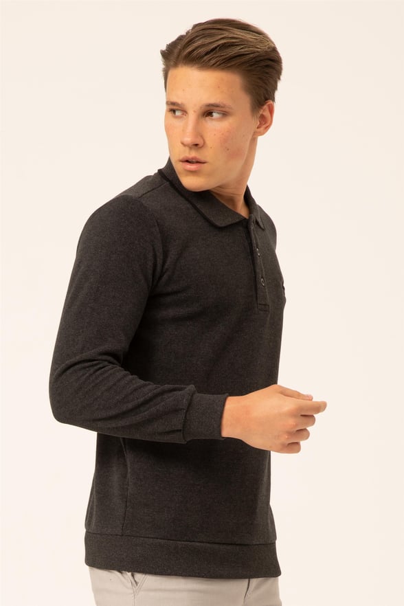 Siyah Regular Armürlü Polo Yaka  Triko