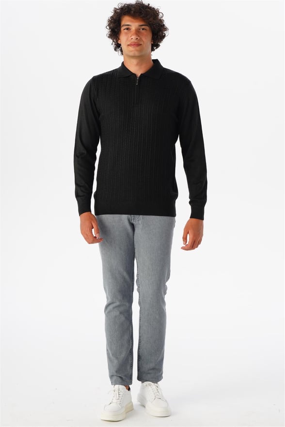 Siyah Regular Armürlü Polo Yaka Triko