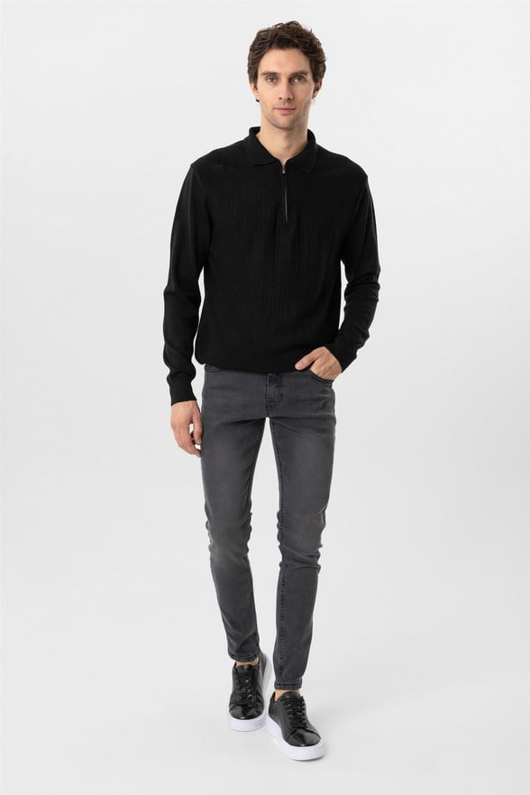 Siyah Regular Armürlü Polo Yaka Triko