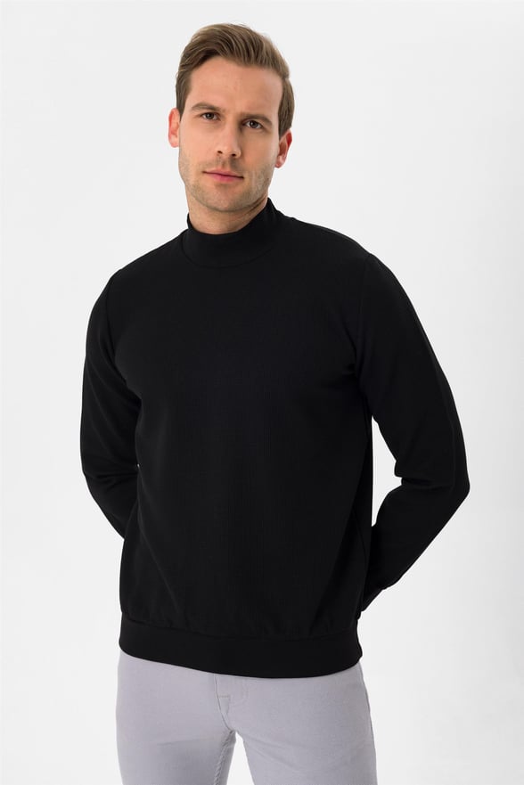 Siyah Regular Armürlü Yarım Balıkçı Yaka  Sweatshirt