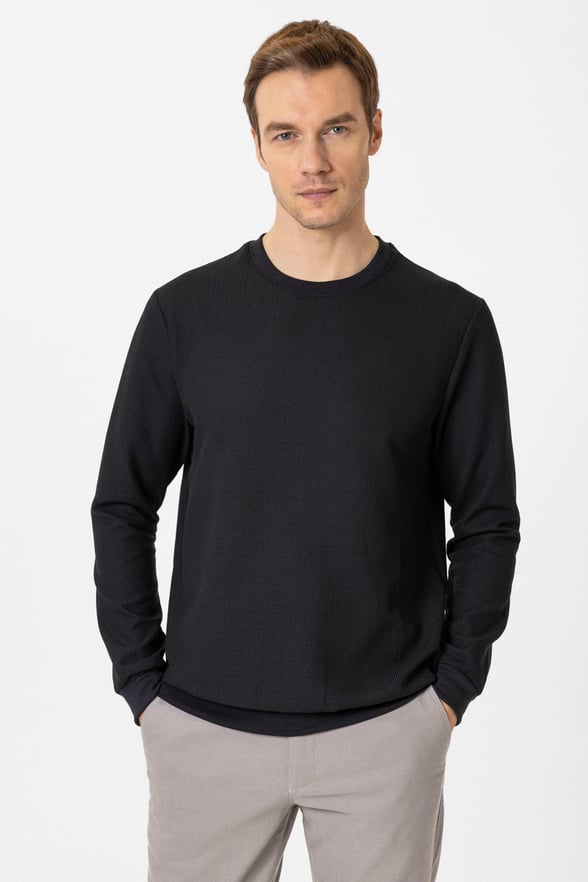 Siyah Regular Bisiklet Yaka Sweatshirt