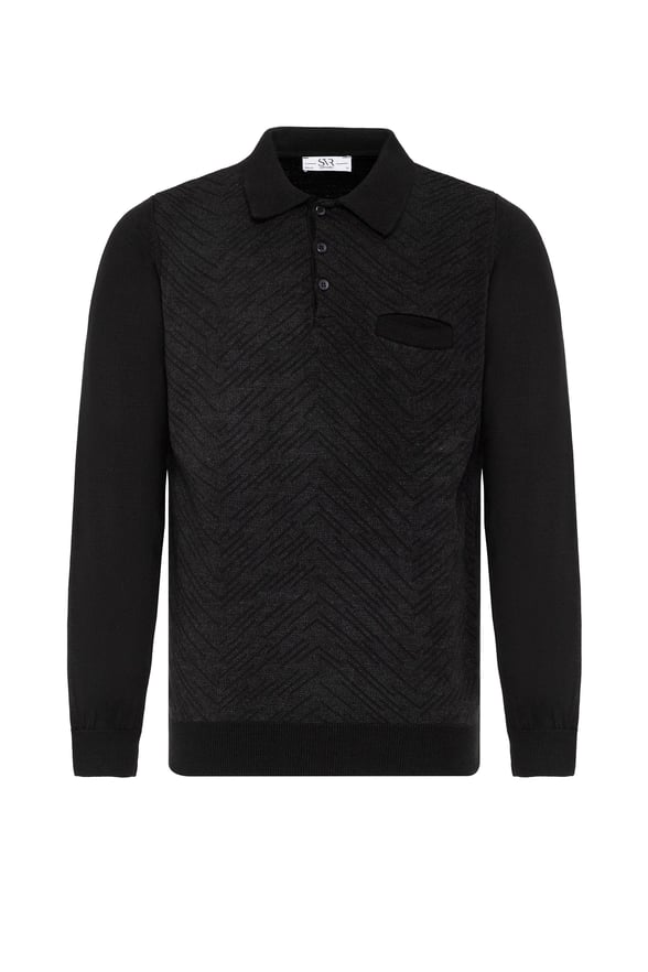 Siyah Regular Desenli Polo Yaka Triko