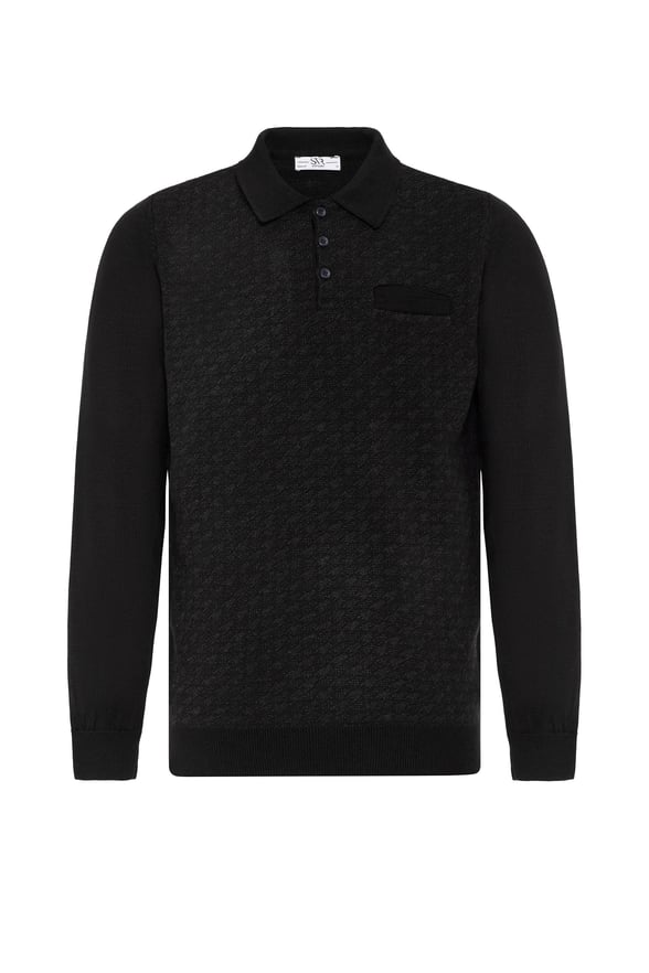Siyah Regular Desenli Polo Yaka Triko