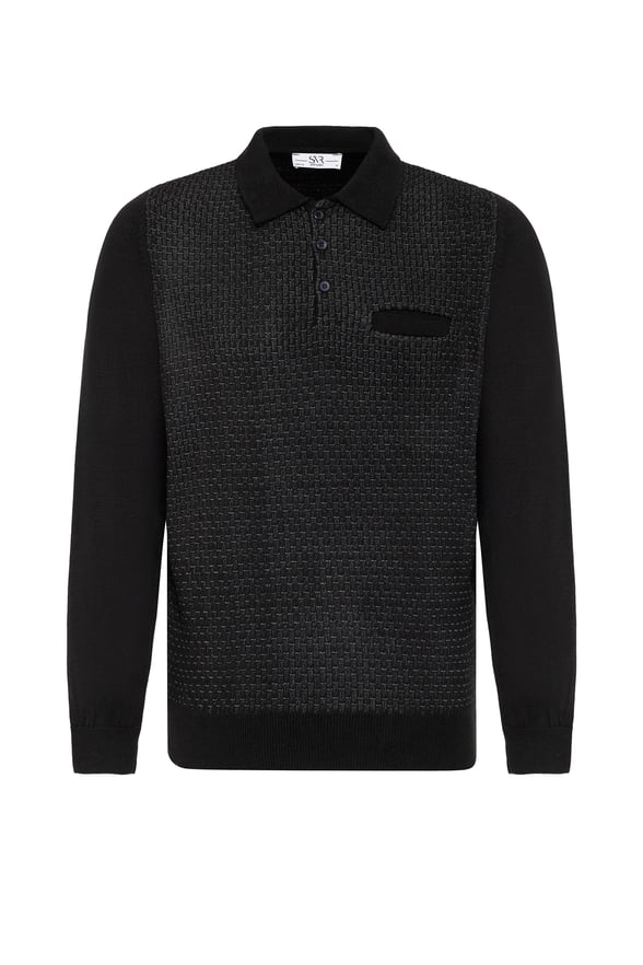 Siyah Regular Desenli Polo Yaka Triko