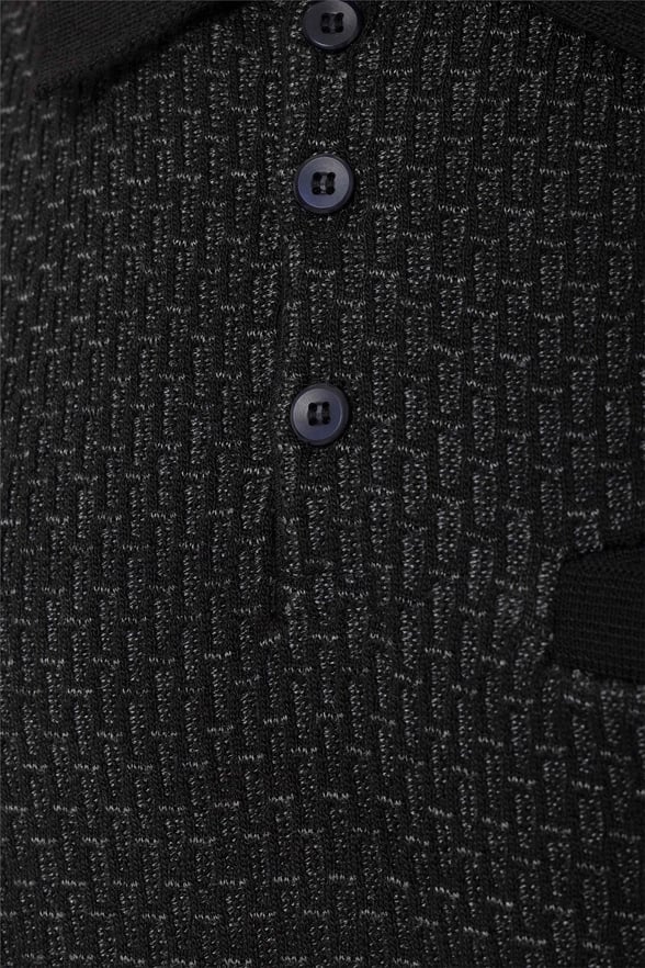 Siyah Regular Desenli Polo Yaka Triko