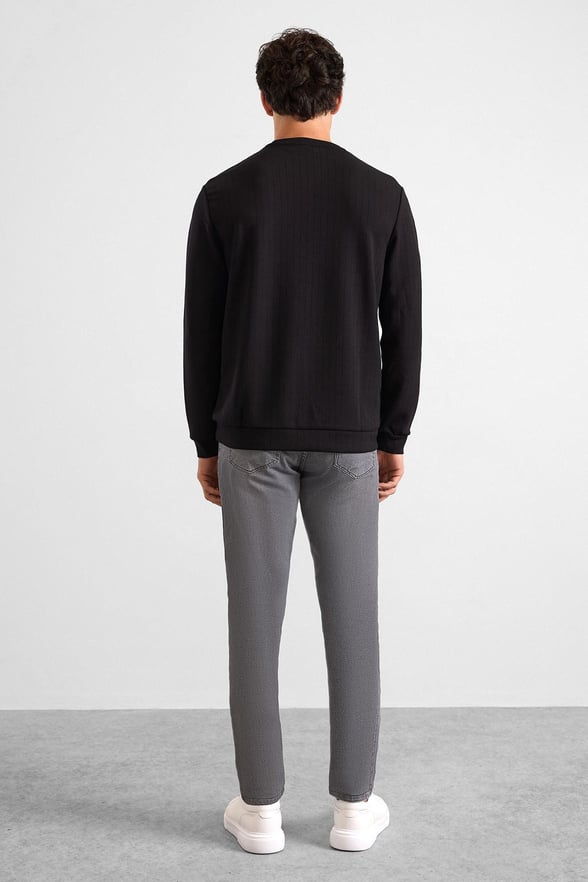 Siyah Regular Dikey Çizgili Baskısız Jakarlı Bisiklet Yaka Cepsiz Düz Sweatshirt