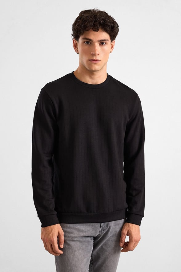 Siyah Regular Dikey Çizgili Baskısız Jakarlı Bisiklet Yaka Cepsiz Düz Sweatshirt