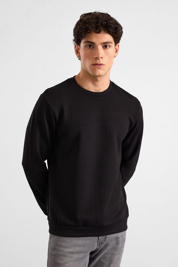 Siyah Regular Dikey Çizgili Baskısız Jakarlı Bisiklet Yaka Cepsiz Düz Sweatshirt
