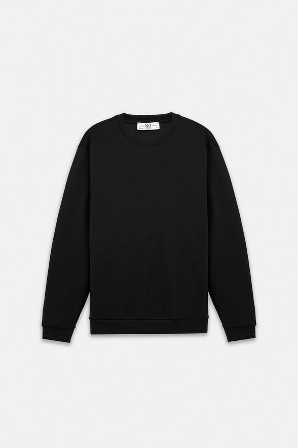 Siyah Regular Dikey Çizgili Baskısız Jakarlı Bisiklet Yaka Cepsiz Düz Sweatshirt
